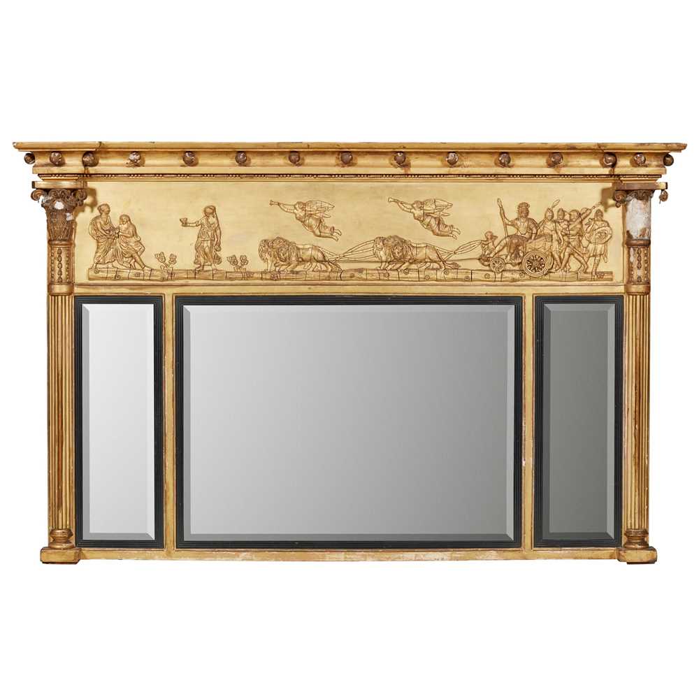 Appraisal: REGENCY GILTWOOD AND GESSO 'APOLLO' TRIPTYCH OVERMANTEL MIRROR EARLY TH