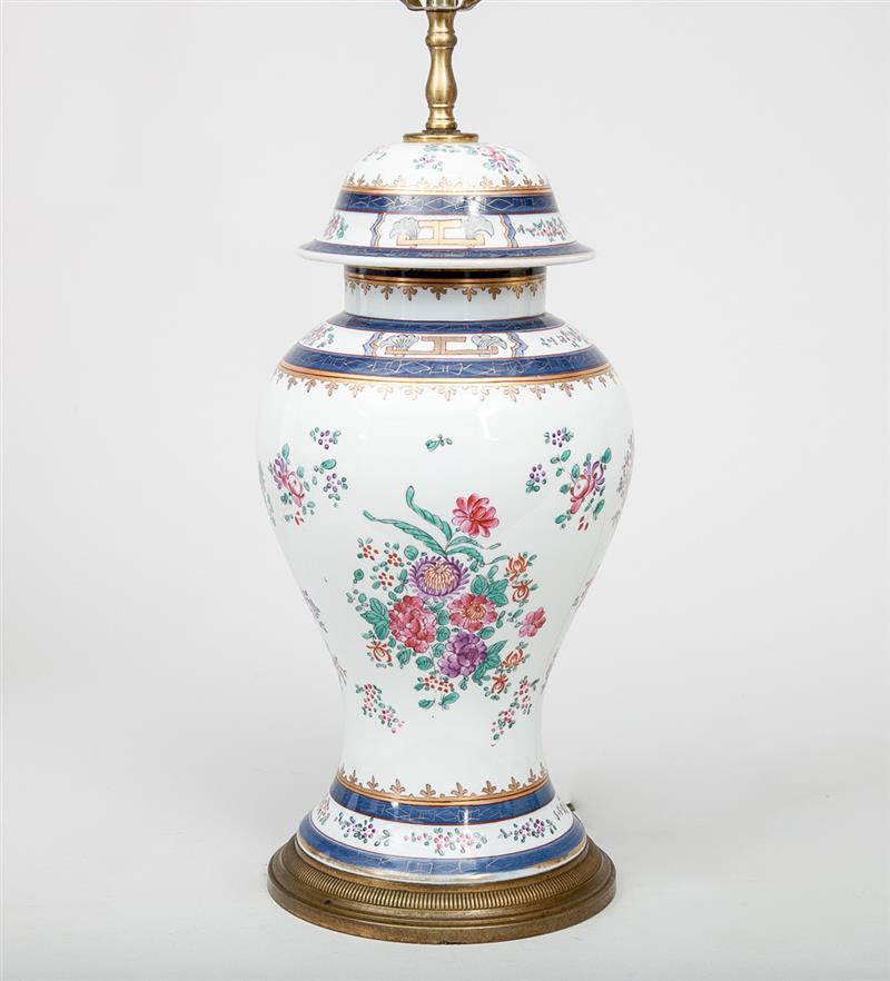 Appraisal: Samson Type Famille Rose Baluster-Form Porcelain Vase and Cover Mounted