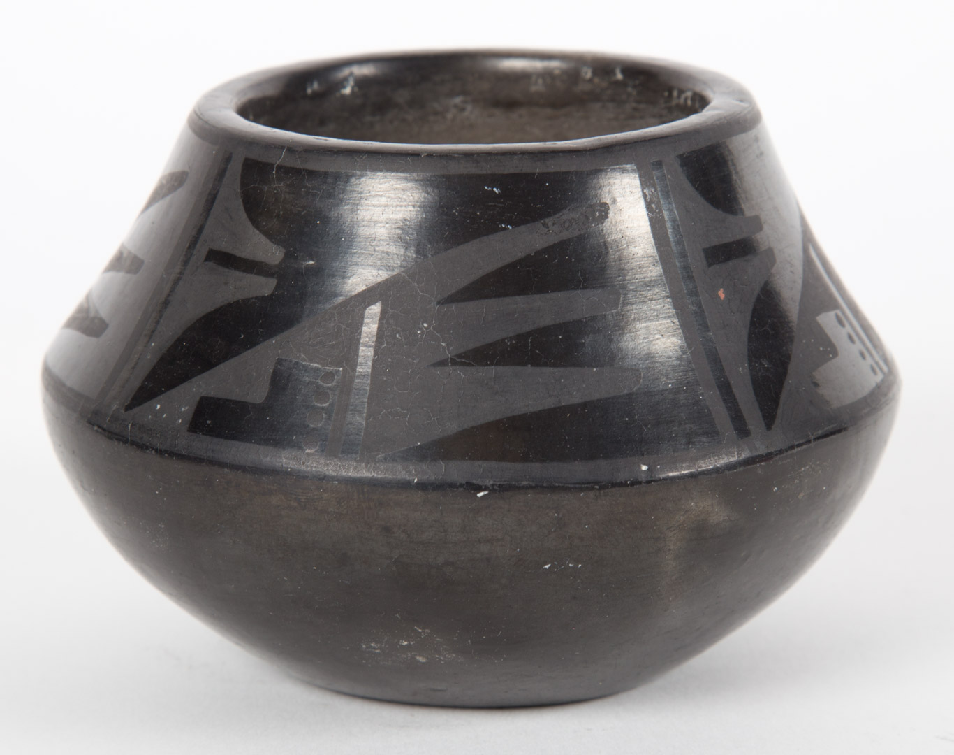 Appraisal: San Ildefonso blackware pot geometric pattern band decoration signed Angelita