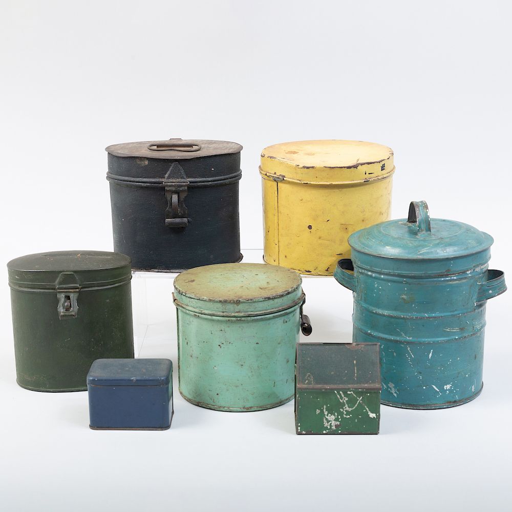 Appraisal: Group of Seven Tin Painted Vessels Comprising Four boxes with