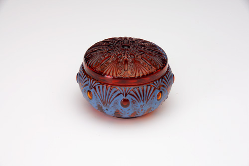 Appraisal: JULIEN VIARD Box in amber glass with enameled blue patina