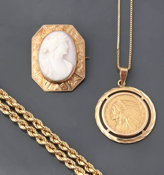 Appraisal: A collection of two gold pendants and two k gold