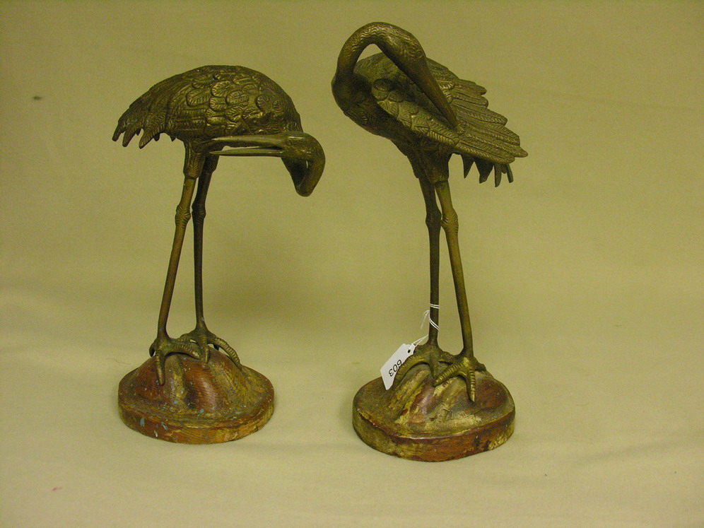 Appraisal: PAIR CAST BRASS CRANES SCULPTURES Probably Japanese wood bases Size