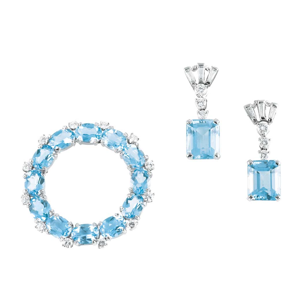 Appraisal: Aquamarine and Diamond Circle Pin and Pair of Pendant-Earclips Tiffany