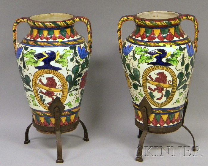 Appraisal: Pair of Italian Faience Urns in Wrought Iron Stands overall