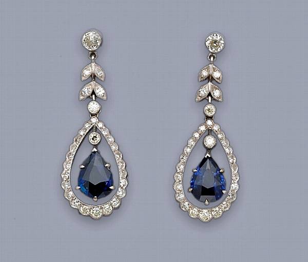 Appraisal: A pair of sapphire and diamond pendant earrings estimated total