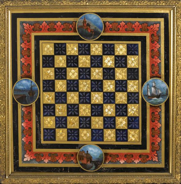 Appraisal: REVERSE-PAINTED GAME BOARD Highlighted in gold and black with landscape