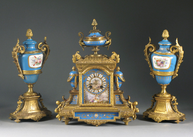 Appraisal: THREE-PIECE GILT BRONZE AND 'SEVRES' PORCELAIN CLOCK SET Japy Freres