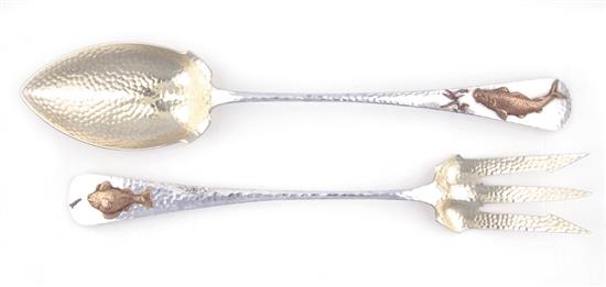 Appraisal: Gorham mixed-metal salad serving set circa hand-hammered design with applied