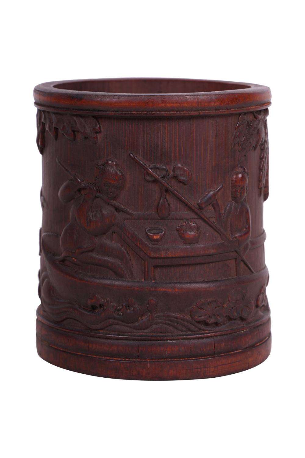 Appraisal: CHINESE CARVED WOOD BRUSH POT inches diameter inches high Condition