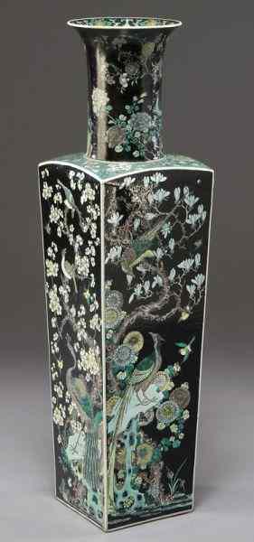 Appraisal: Large Chinese Qing famille noir susancai squareporcelain vase depicting birds