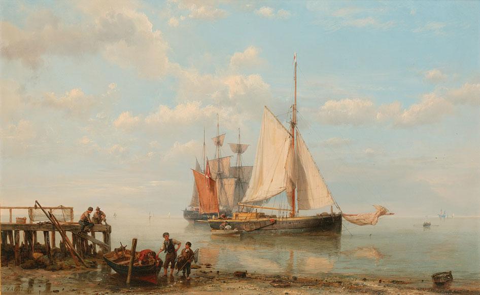 Appraisal: HERMANUS KOEKKOEK Becalmed sailing vessels with fishermen on the foreshore