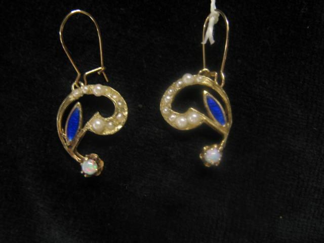 Appraisal: Opal Pearl Blue Enamel Earrings wire hangers k yellow gold