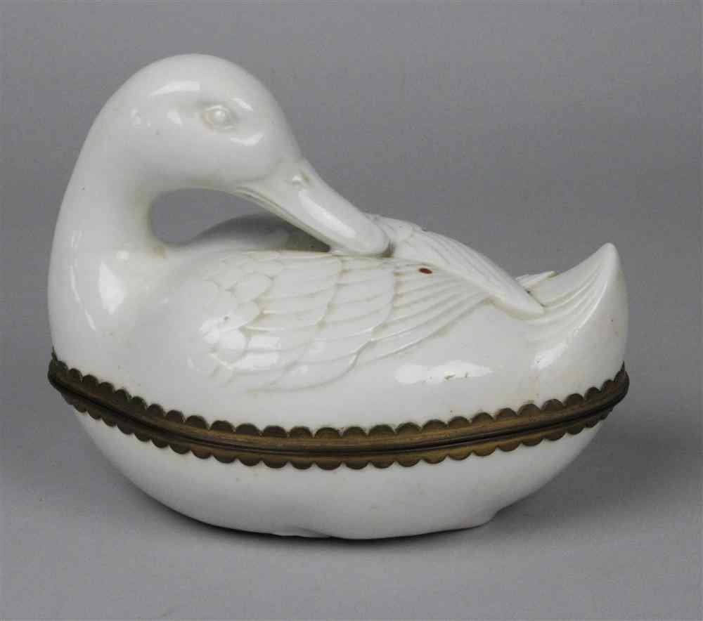 Appraisal: GILT-BRONZE MOUNTED BLANC-DE-CHINE MODEL OF A DUCK charmingly molded as