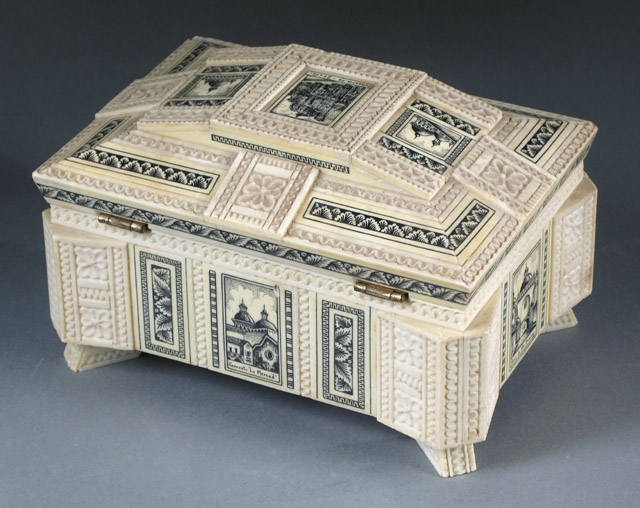 Appraisal: IVORY CARVED JEWELRY BOX scrimshawed with many of the great