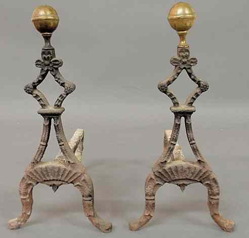 Appraisal: Pair of cast iron and brass ball-top andirons early th