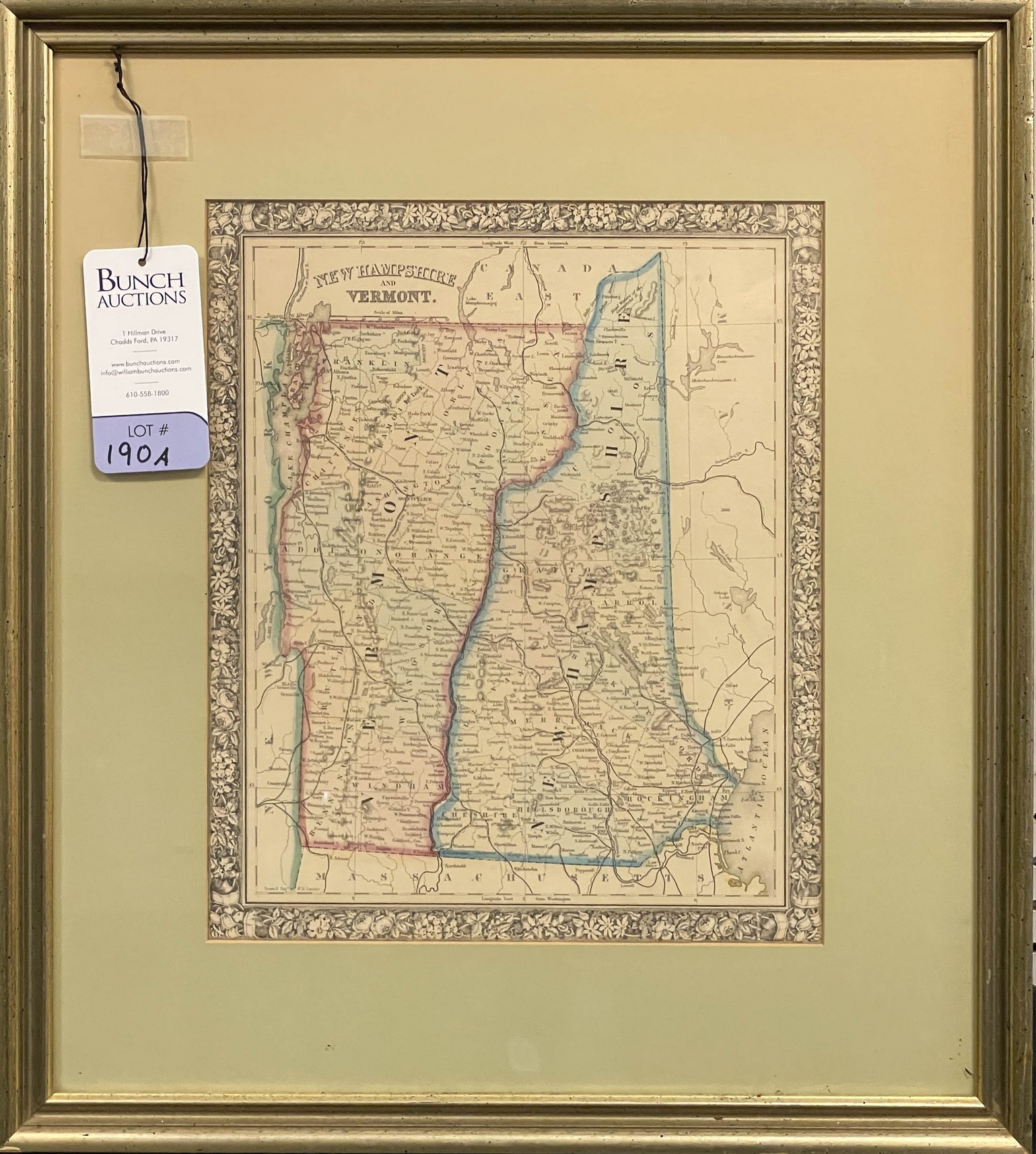 Appraisal: A hand colored framed map of Vermont and New Hampshire