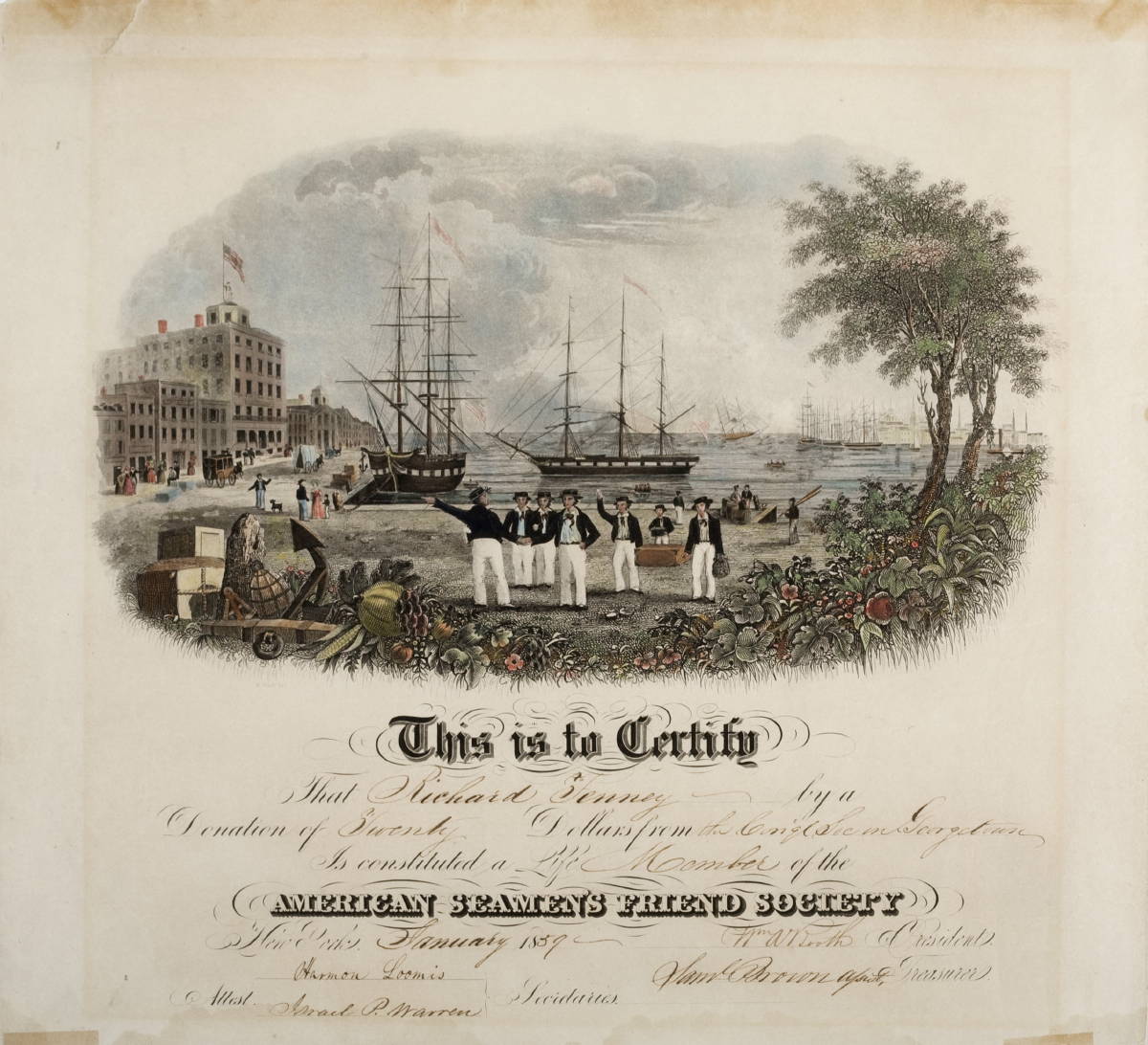 Appraisal: THREE ENGRAVED CERTIFICATES FOR SEAMEN'S RELIEF SOCIETIES MID-NINETEENTH CENTURY The