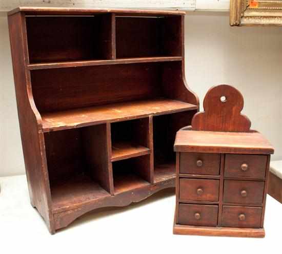 Appraisal: American vernacular diminutive pine hutch and similar pine spice box