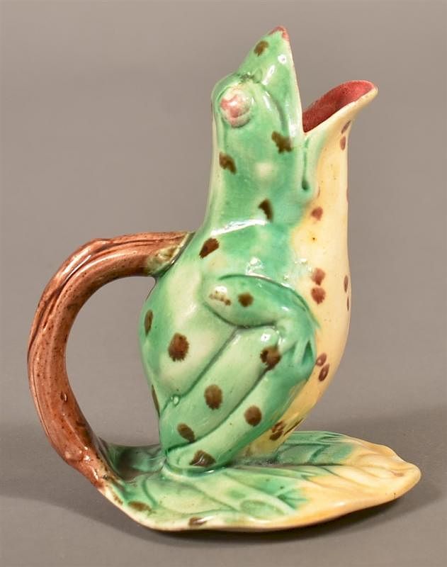 Appraisal: Majolica Pottery Frog on Lily Pad Cream Pitcher Majolica Pottery