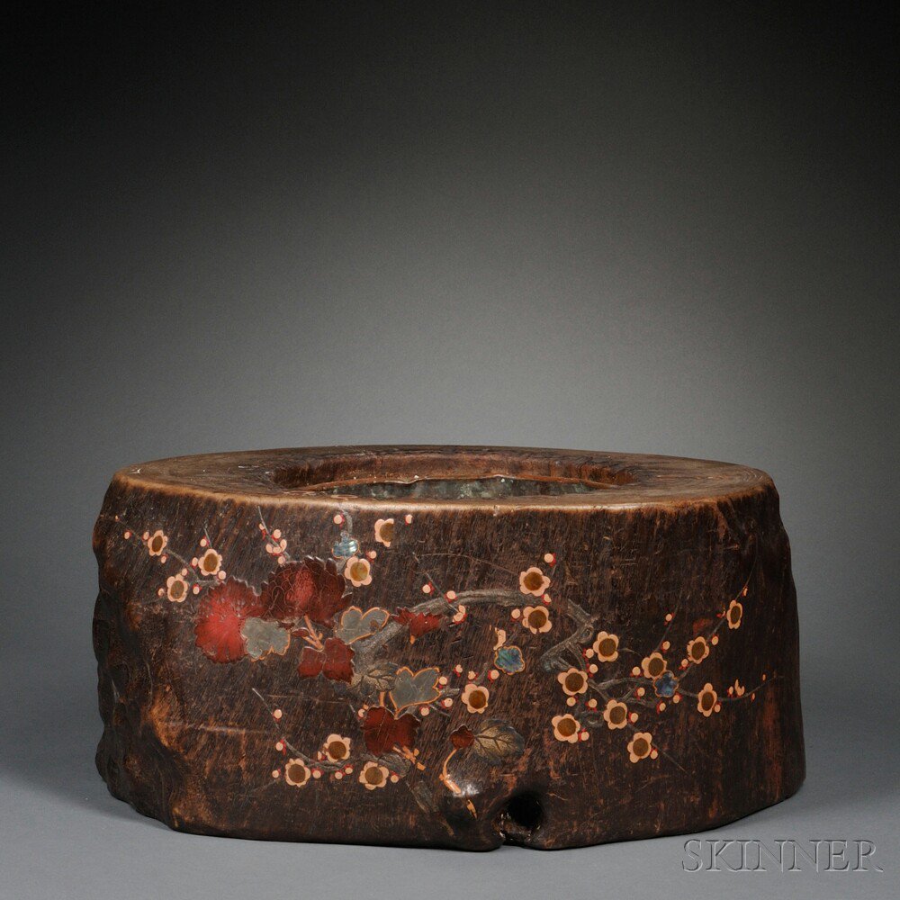 Appraisal: Inlaid Wood Hibachi Japan formed from a tree trunk and