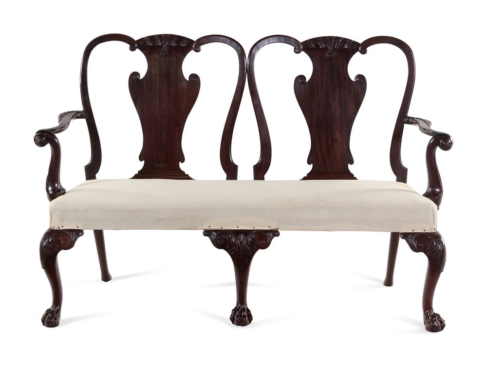 Appraisal: A George III Carved and Figured Mahogany Double-Chair Back Settee