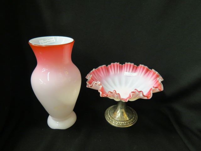 Appraisal: pcs Cranberry Trim Art Glass satin compote with silverplate base