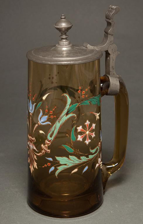 Appraisal: Continental pewter-mounted floral enameled glass stein late th century in