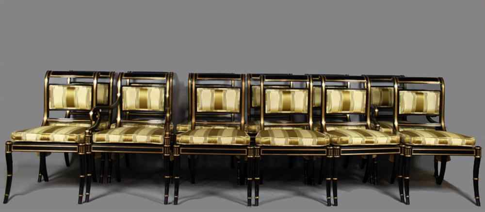 Appraisal: SET OF TWELVE BAKER REGENCY STYLE BLACK AND GILT DINING