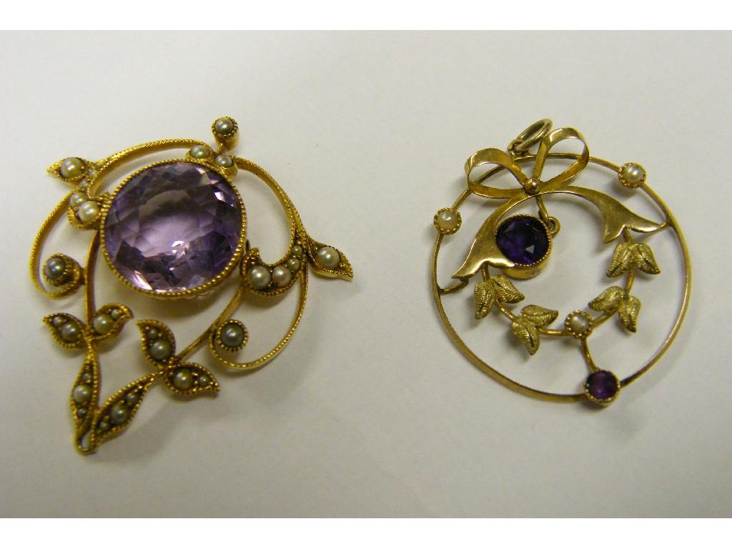 Appraisal: Two similar Art Nouveau style gold seed pearl and amethyst