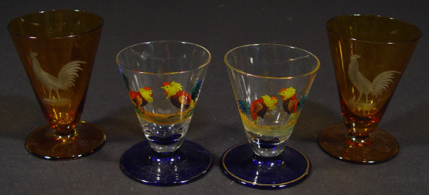 Appraisal: Two pairs of conical glasses one enamelled with cock fighting