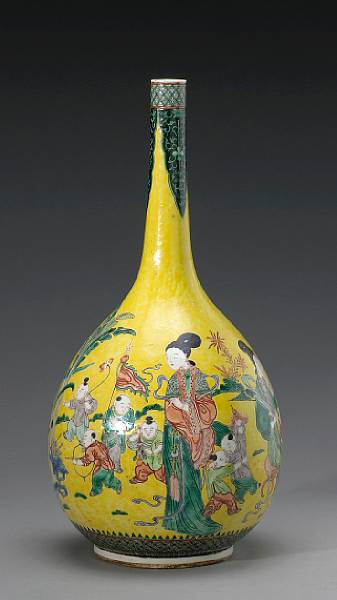 Appraisal: A famille jaune biscuit-enameled porcelain vase with figural decoration Kangxi