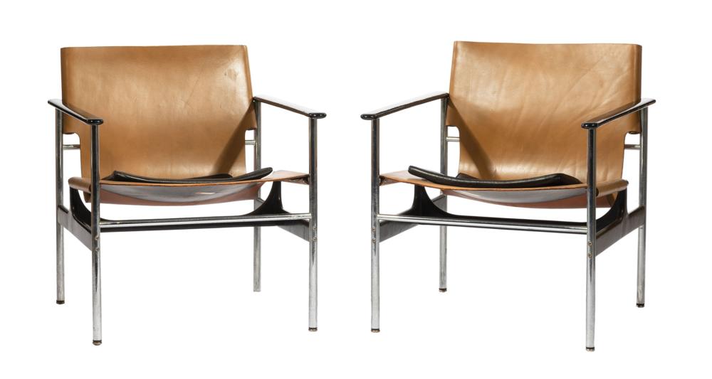 Appraisal: Pair of Charles Pollock for Knoll Chrome and Leather Sling