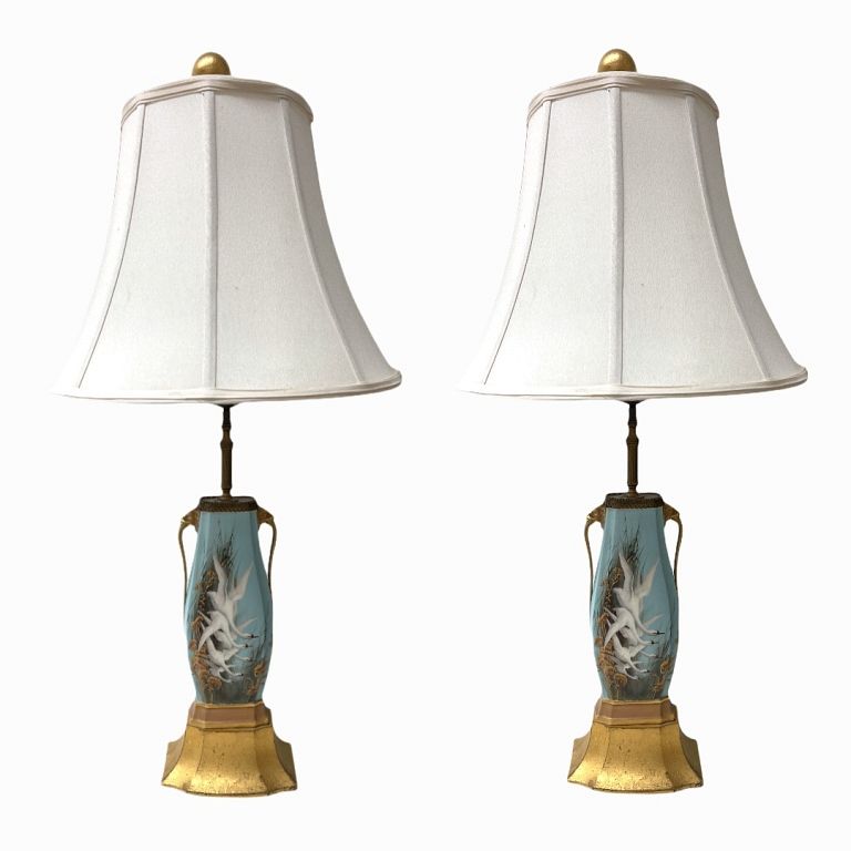 Appraisal: C Baldwyn Pair of Hand Painted Flying Swans Lamps C