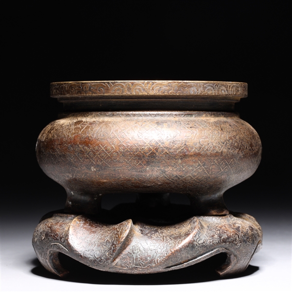 Appraisal: Chinese bronze tripod censer with incised designs and separate molded