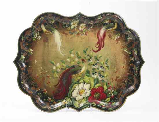 Appraisal: A Tole Painted Tray of shaped rectangular form depicting tropical