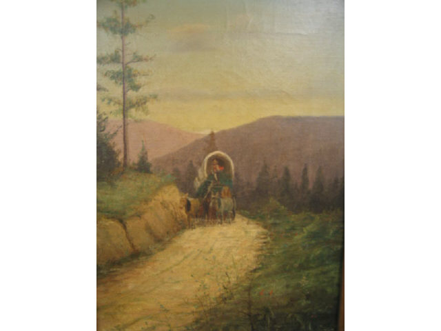 Appraisal: Western Oil on Canvas covered wagon along a trail signed