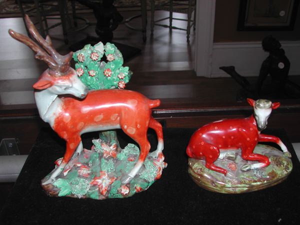 Appraisal: Two Figures of Deer one a fine Staffordshire pottery bocage