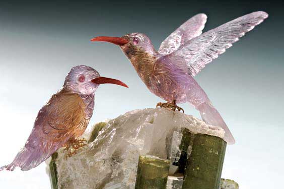 Appraisal: AMETRINE HUMMINGBIRDS ON QUARTZ TOURMALINE Artist Peter Muller Brazil A