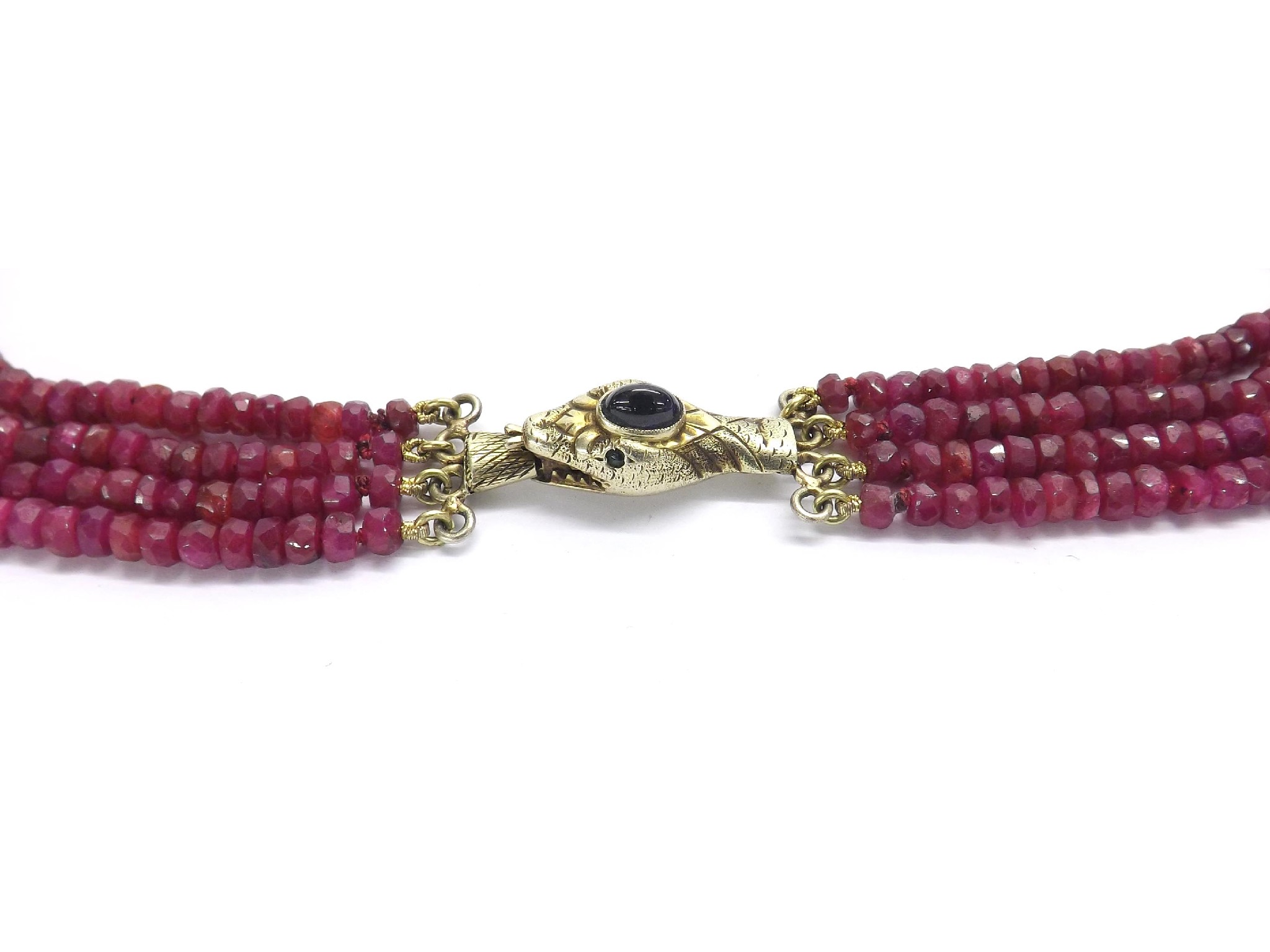 Appraisal: Four row ruby bead necklace set with graduated faceted ruby