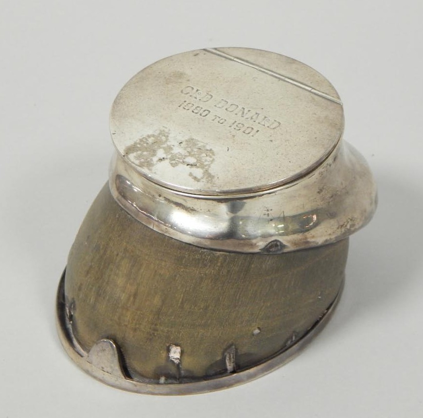 Appraisal: A horse hoof inkwell with silver mount the lid engraved