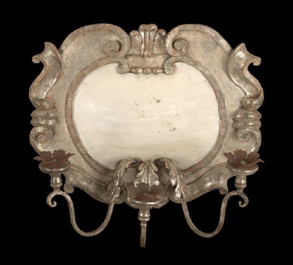 Appraisal: Large Italian Carved and Silvered Wood and Wrought-Iron Three-Light Applique