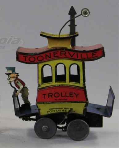 Appraisal: TOONERVILLE TROLLEY Copr Fontaine Fox clockwork driven comical trolley lithographed