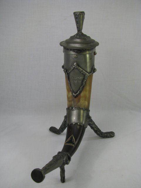 Appraisal: Three foot horn and pewter cup with lid and inscription