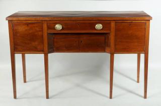 Appraisal: Bench Made Hepplewhite Style Sideboard Bench made inlaid mahogany Hepplewhite