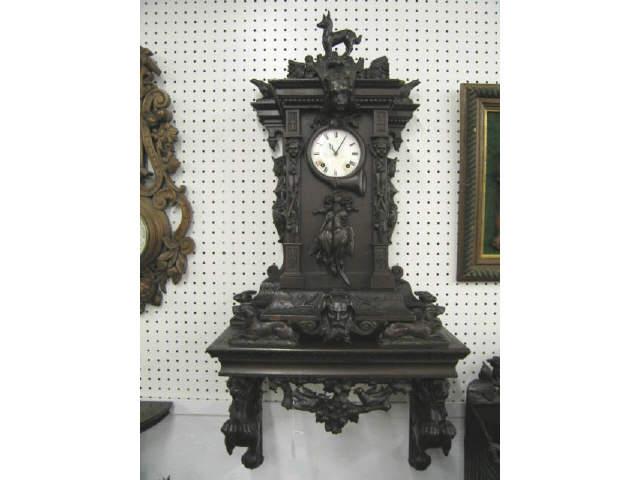 Appraisal: Black Forest Victorian Carved Wooden Wall Clock Shelf elaborate carving