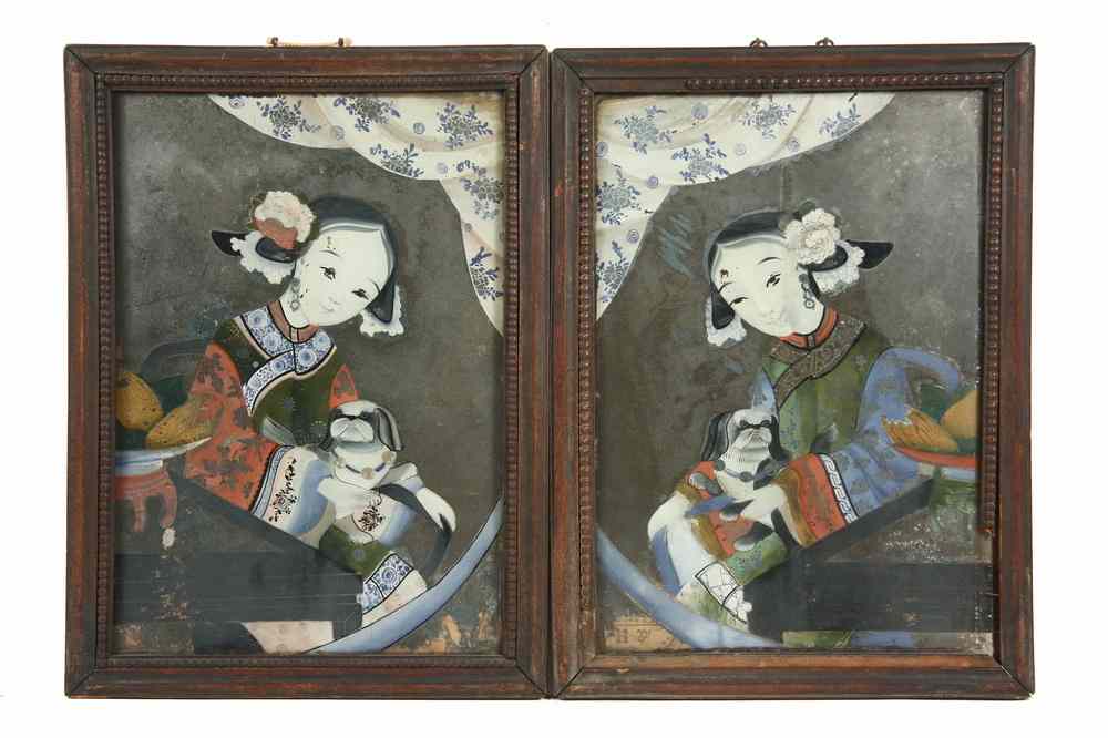 Appraisal: PAIR CHINESE REVERSE GLASS PAINTINGS - th c Chinese Reverse