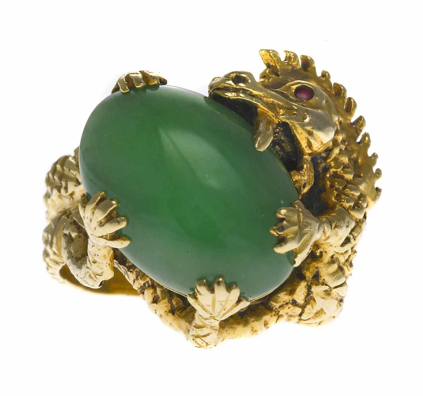 Appraisal: A jadeite jade and ruby dragon motif ring oval-shaped jadeite