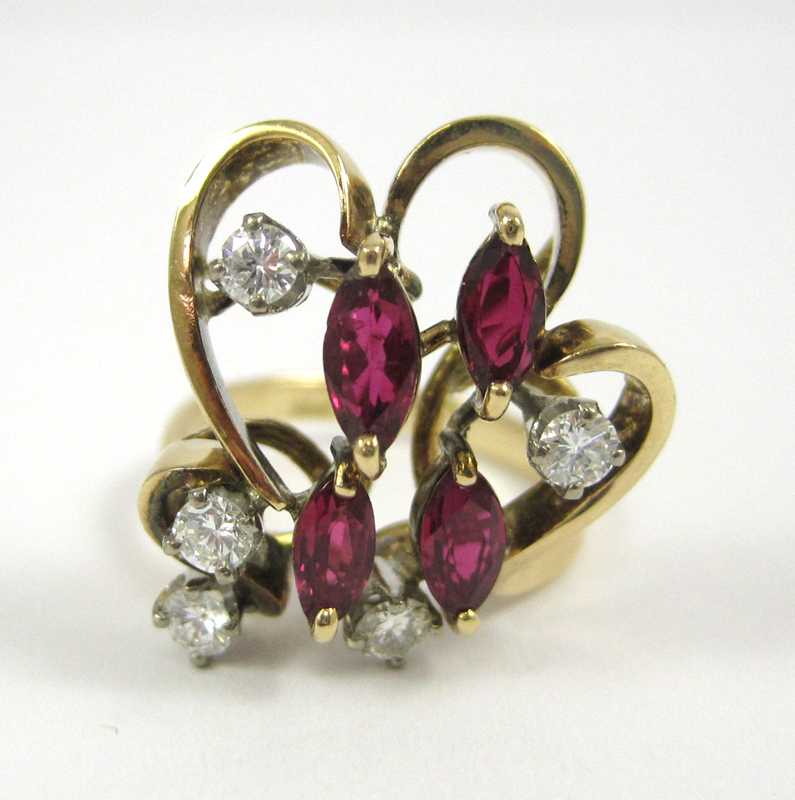 Appraisal: RUBY DIAMOND AND FOURTEEN KARAT GOLD RING set with four