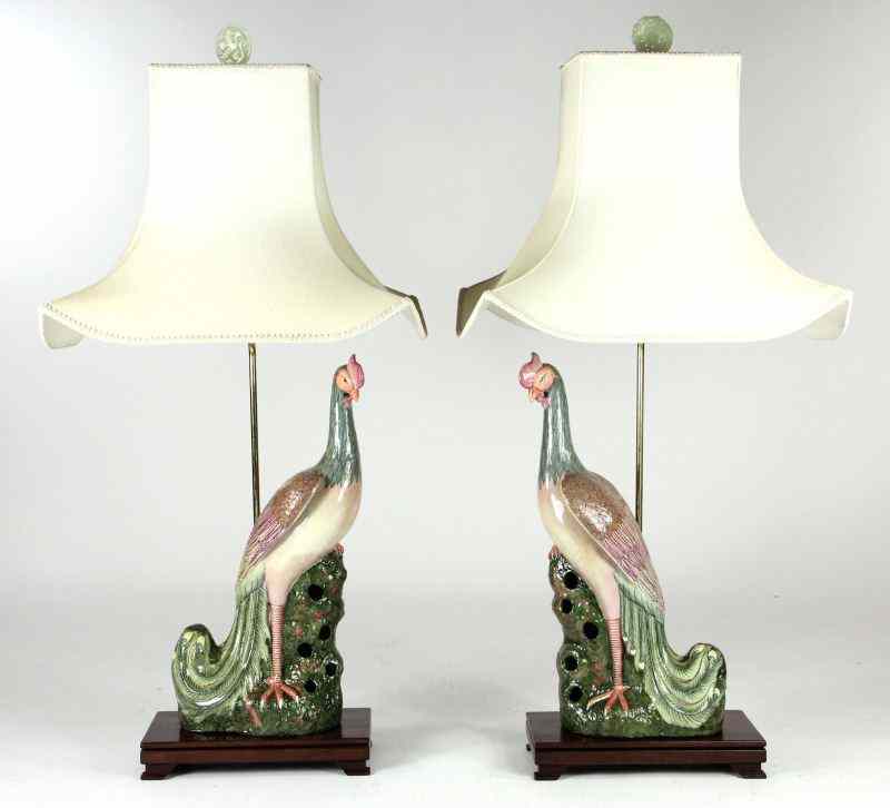 Appraisal: Pair of Chinese Export Porcelain Lamps th century porcelain phoenix